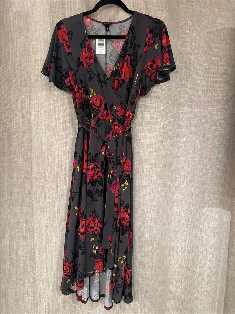 Torrid Floral Wrap Midi Dress in Charcoal with Red Roses 1x